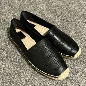 BLACK TORY BURCH PERFORATED LOGO FLAT ESPADRILLE SIZE 9.5